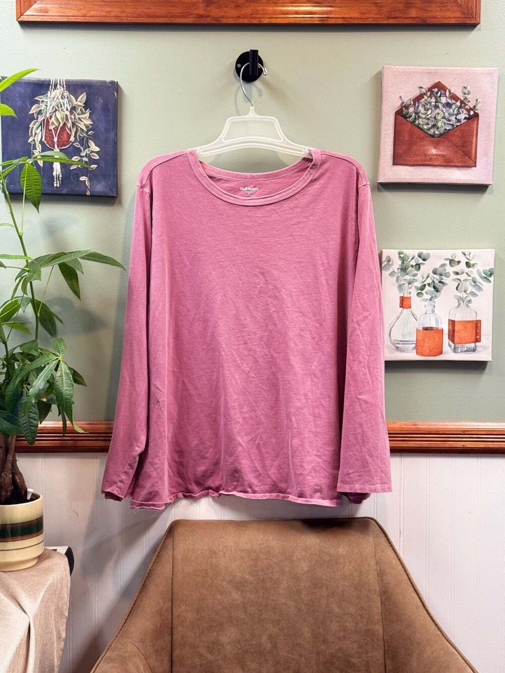 Old Navy Everywear Long Sleeve Raw Hem Crewneck T-Shirt, Women's 3X, Dusty Pink